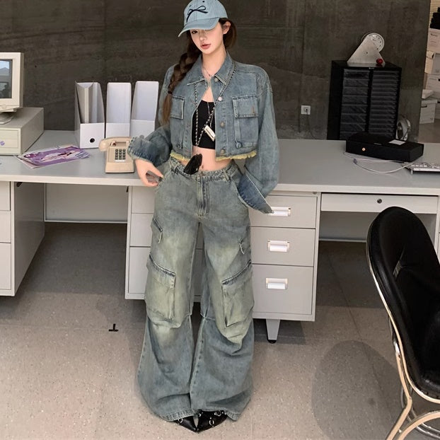 デニム セットアップ レディース ヴィンテージ加工 カーゴワイドパンツ