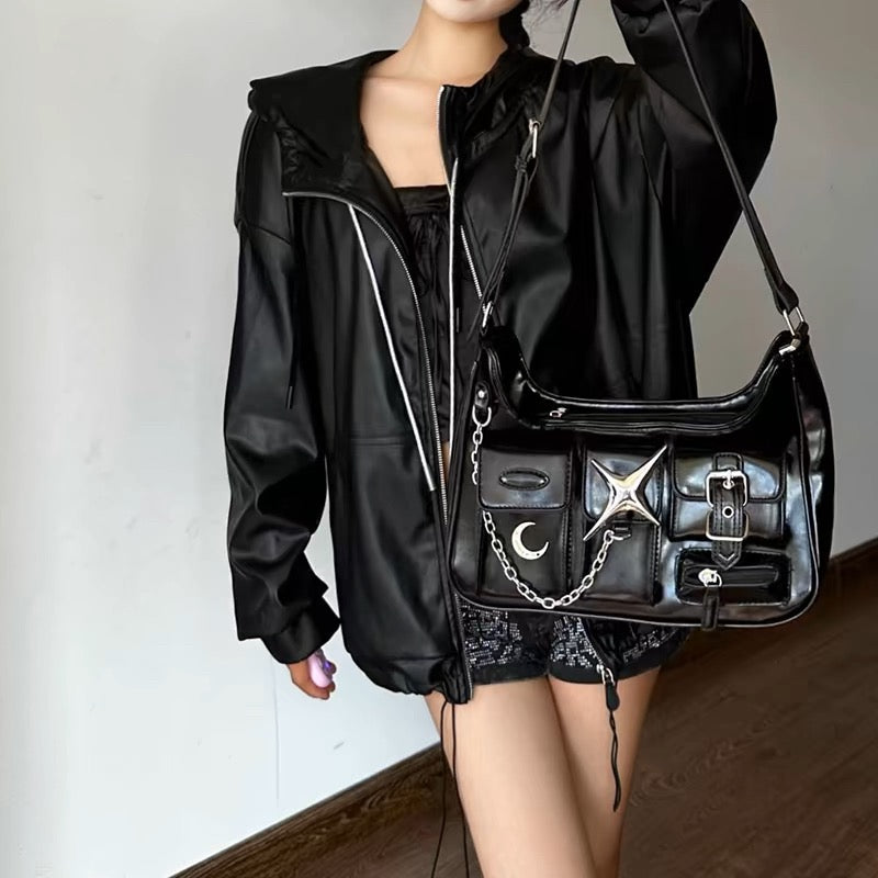 Y2K Gothic Shoulder Bag – Harajuku Black Chain Tote Bag – The Feelz