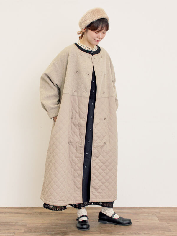 セール】 メルトン切替キルティングコート（チャコールグレー/ベージュ