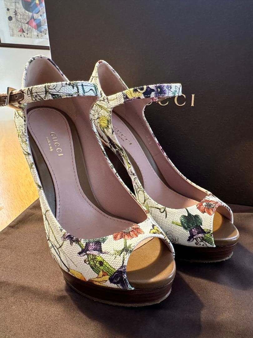 グッチ キャンバス×レザー オープントゥパンプス 36 1/2 レディース グッチ×アディダス GGスプリーム キャンバス×レザー ストラップ