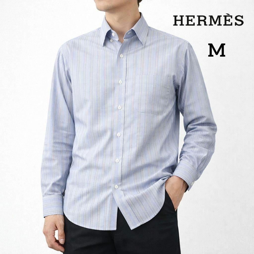M★HERMES ストライプ 長袖Yシャツ ラウンドヘム仕様 メンズ コットン HERMES（エルメス） SALE 美品 ストライプ柄 シャツ メンズ セリエ